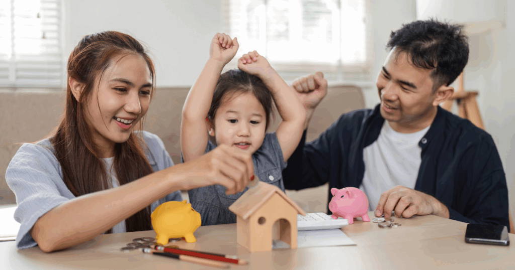 family celebrating saving money