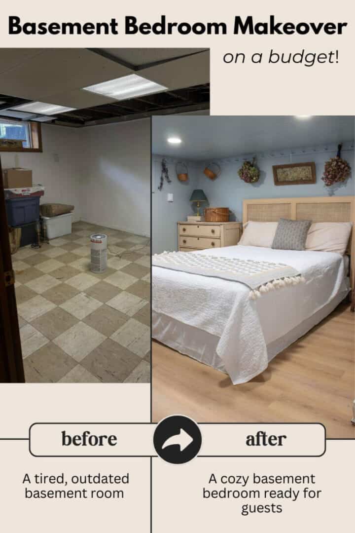 Before and after budget basement bedroom makeover from The Honeycomb Home