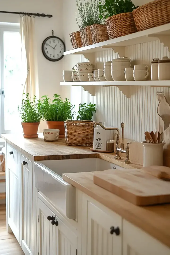 butcher-block-countertops-with-beadboard-backsplash-kitchen-720x1081-1 how to add nostalgic charm to your kitchen