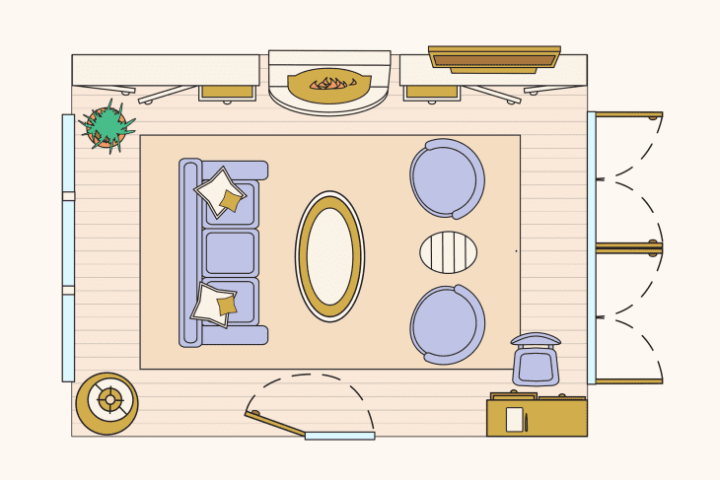 living room layout with furniture pulled away from wall