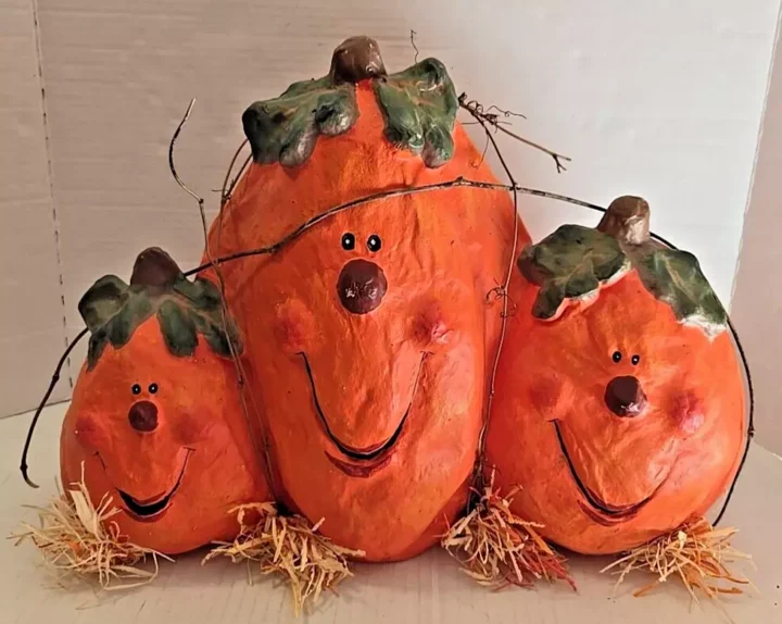 paper mache pumpkin trio vintage Halloween decoration