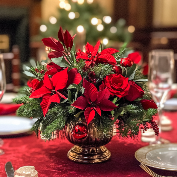 red pointsettia floral arrangement for Christmas