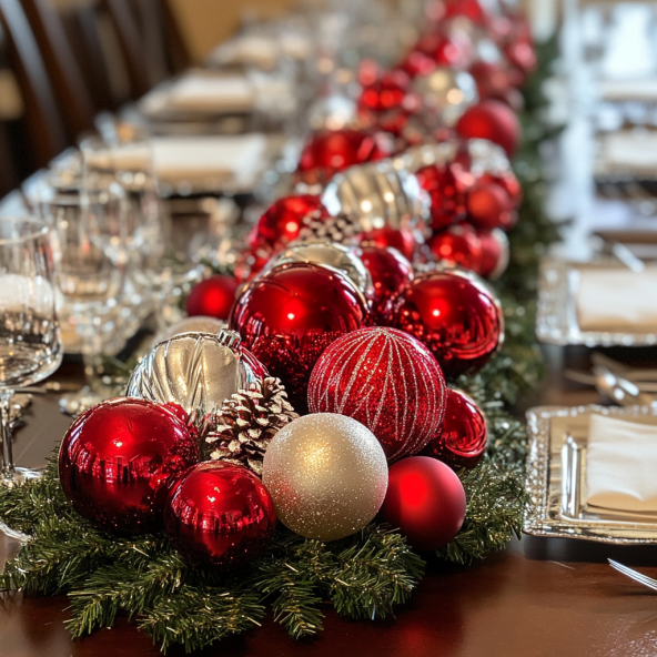 Christmas ornaments down center of table