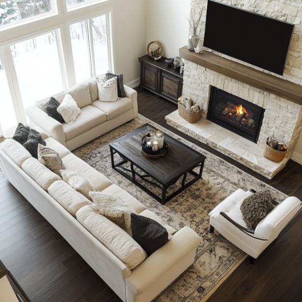 living room with a fireplace and tv