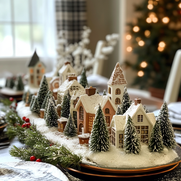 simple table centerpiece with bottle brush trees