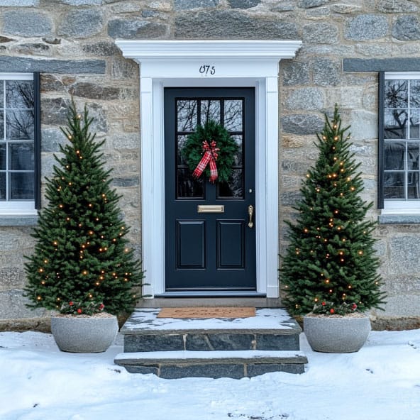 two-Christmas-trees-flanking-front-door-exterior